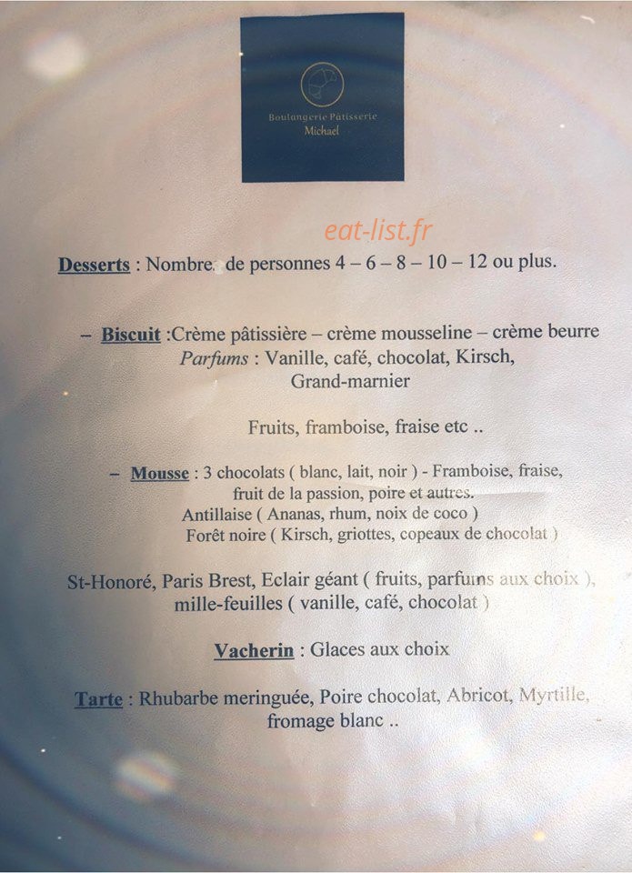 Carte et menu de Boulangerie Pâtisserie Michael à Oberhaslach — Les desserts