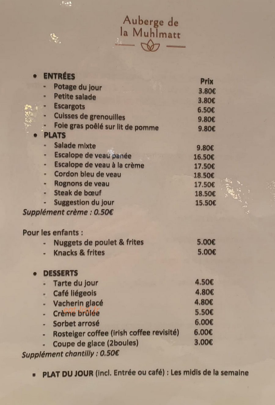 Auberge De La Muhlmatt — carte page 1