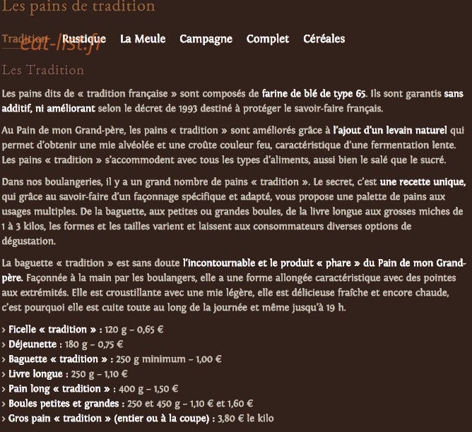 Carte et menu de Au pain de mon grand pere à Schiltigheim — Les pains tradition et spéciaux