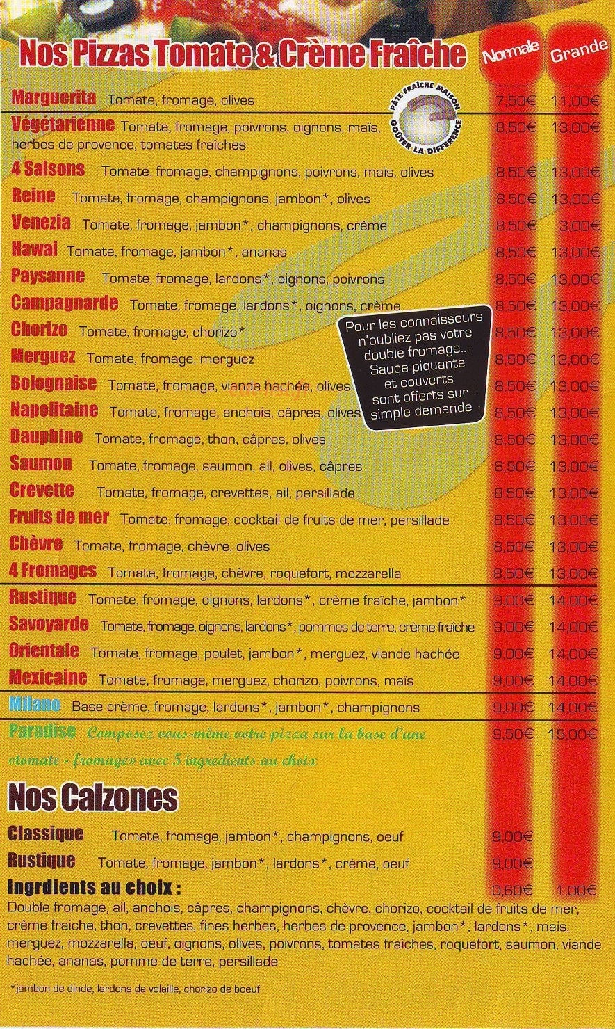 Paradise Pizza — carte page 1