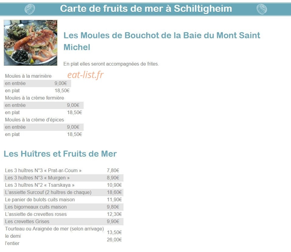 Carte et menu de Taverne de Saint Malo à Schiltigheim — Les moules, les huîtres,......