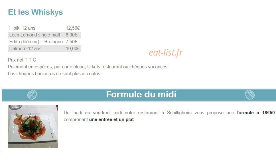 Carte et menu de Taverne de Saint Malo à Schiltigheim — Les whiskys et le formule midi