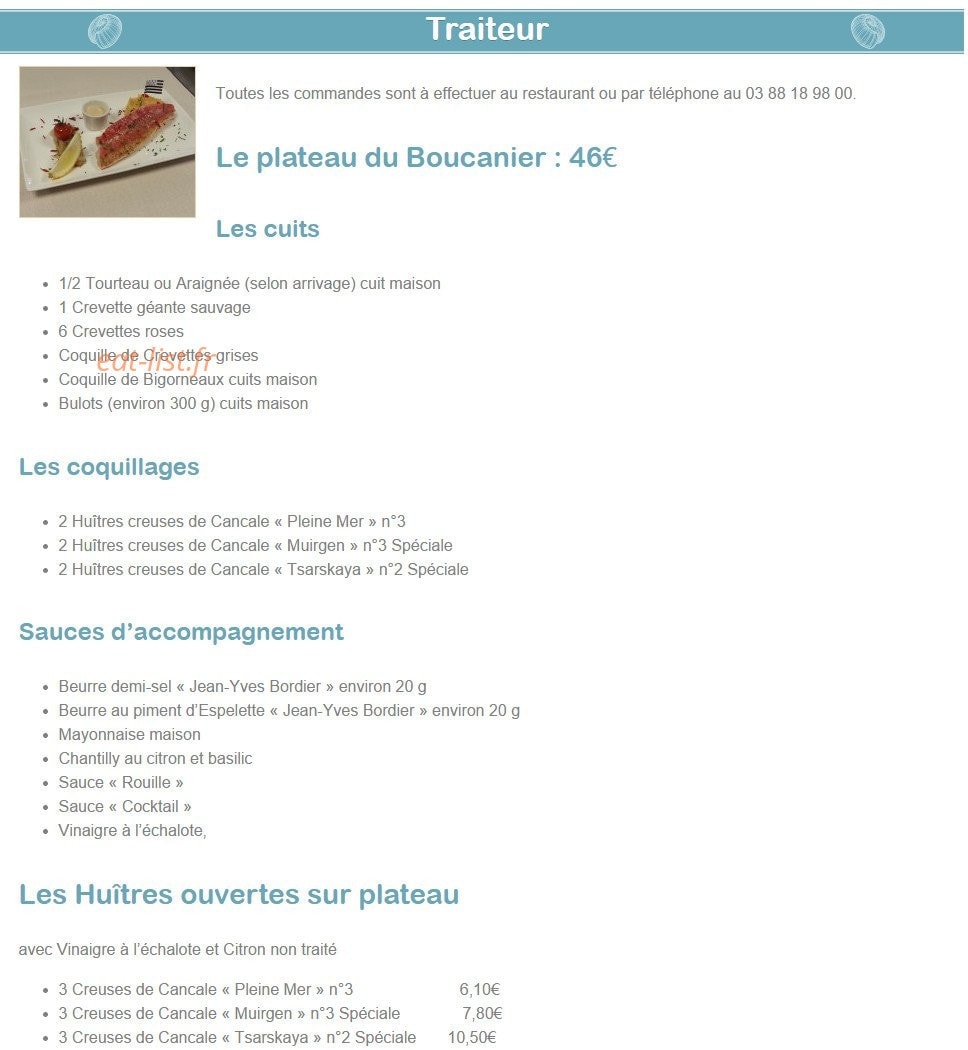 Carte et menu de Taverne de Saint Malo à Schiltigheim — Le plateau du Boucanier (traiteur)