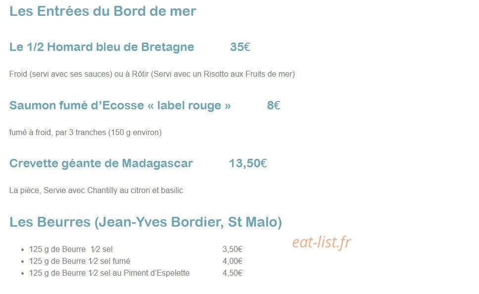 Carte et menu de Taverne de Saint Malo à Schiltigheim — Les entrées du bord de la mer