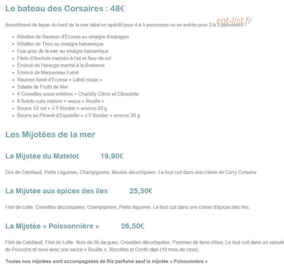 Carte et menu de Taverne de Saint Malo à Schiltigheim — Le bateau des corsaires et les mijotées