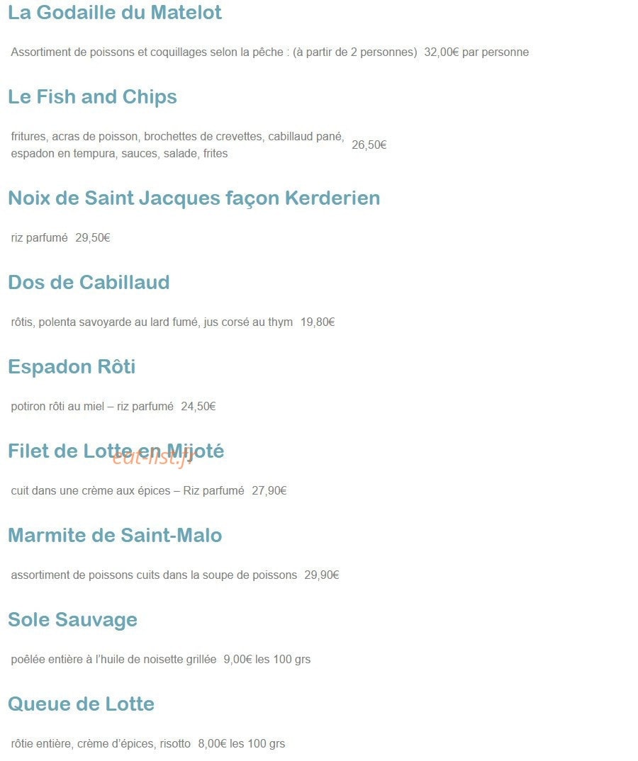 Carte et menu de Taverne de Saint Malo à Schiltigheim — Le fish and chips, noix de saint jacques,........
