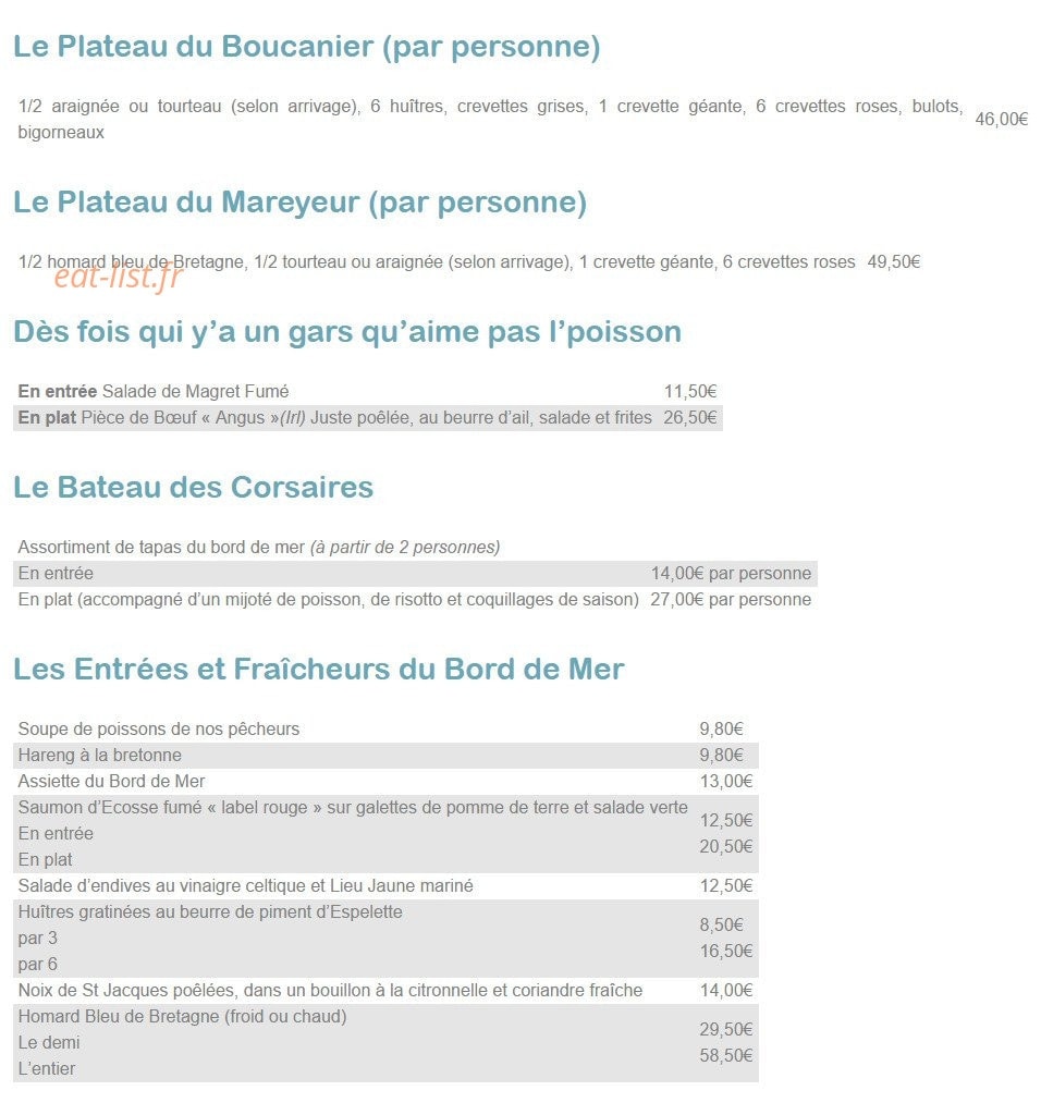 Carte et menu de Taverne de Saint Malo à Schiltigheim — Les plateaux, les poissons,........