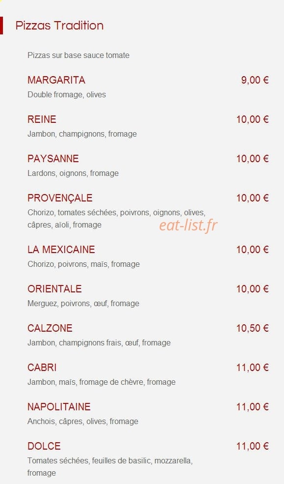 Sam Pizzas — carte page 1