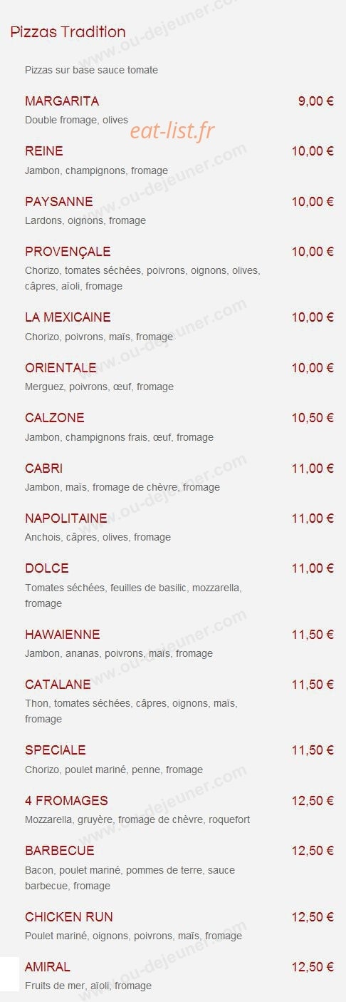 Sam Pizzas — carte page 1