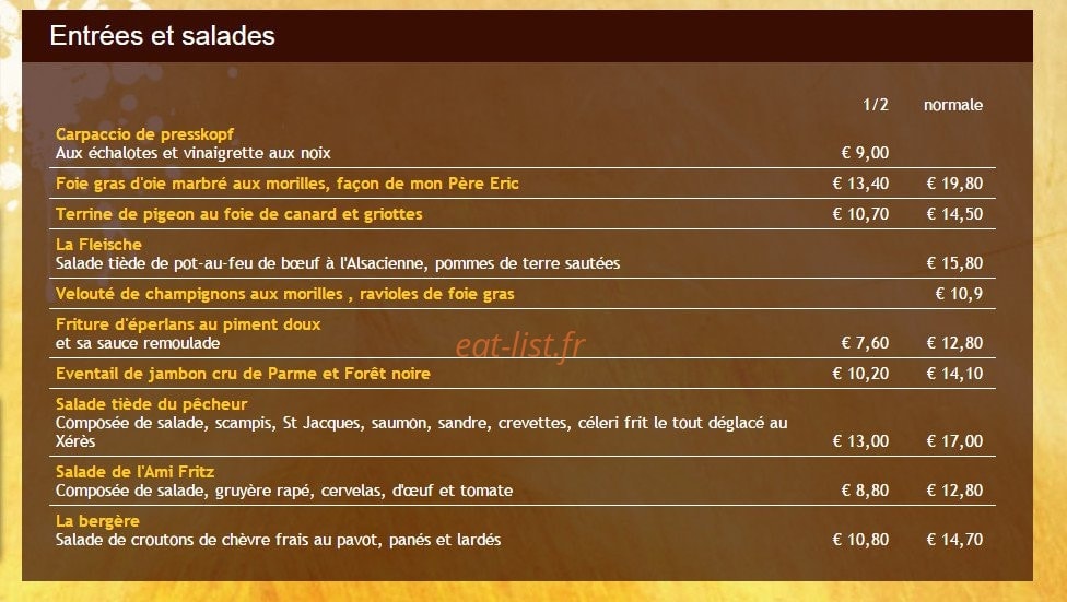 Carte et menu de Auberge les Houblonnières à Stutzheim Offenheim — Entrées et salades