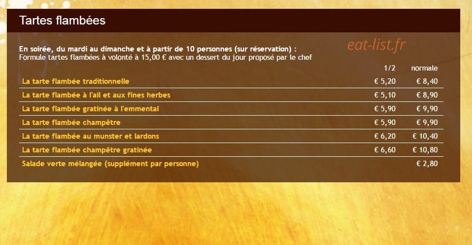 Carte et menu de Auberge les Houblonnières à Stutzheim Offenheim — Tartes flambées