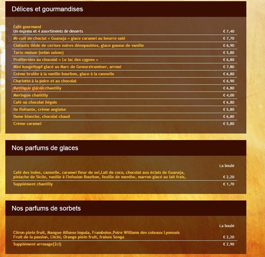Carte et menu de Auberge les Houblonnières à Stutzheim Offenheim — Desserts