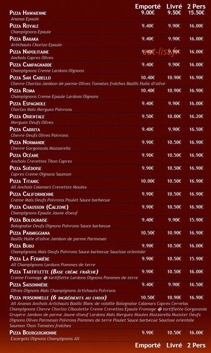 Pizza Bubu express — carte page 1
