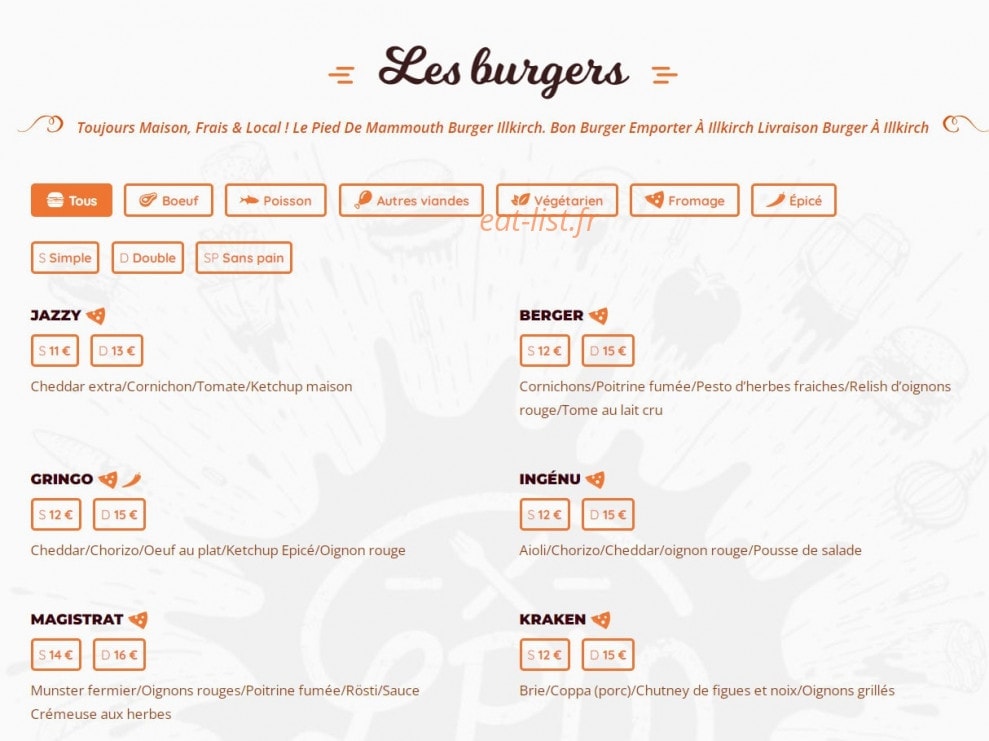 Le Pied de Mammouth Burger — carte page 1