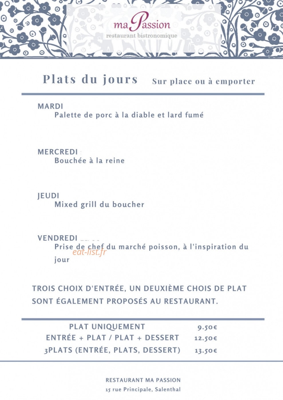 Restaurant Ma Passion — carte page 1