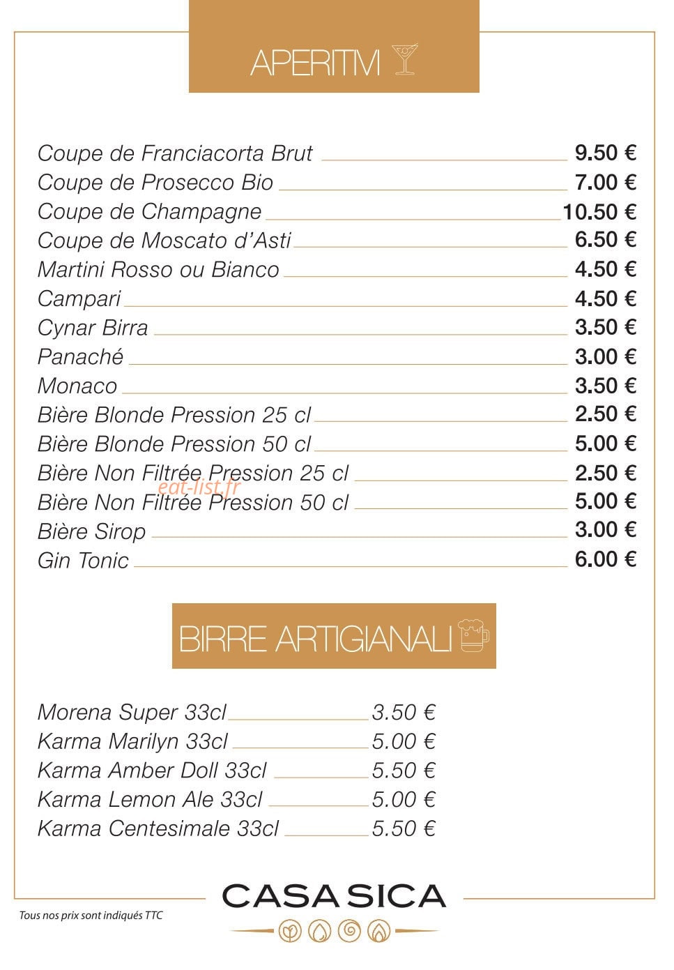 Carte et menu de Sica Les Spécialistes du Made in Italy à Mundolsheim — Les apéritifs et bières