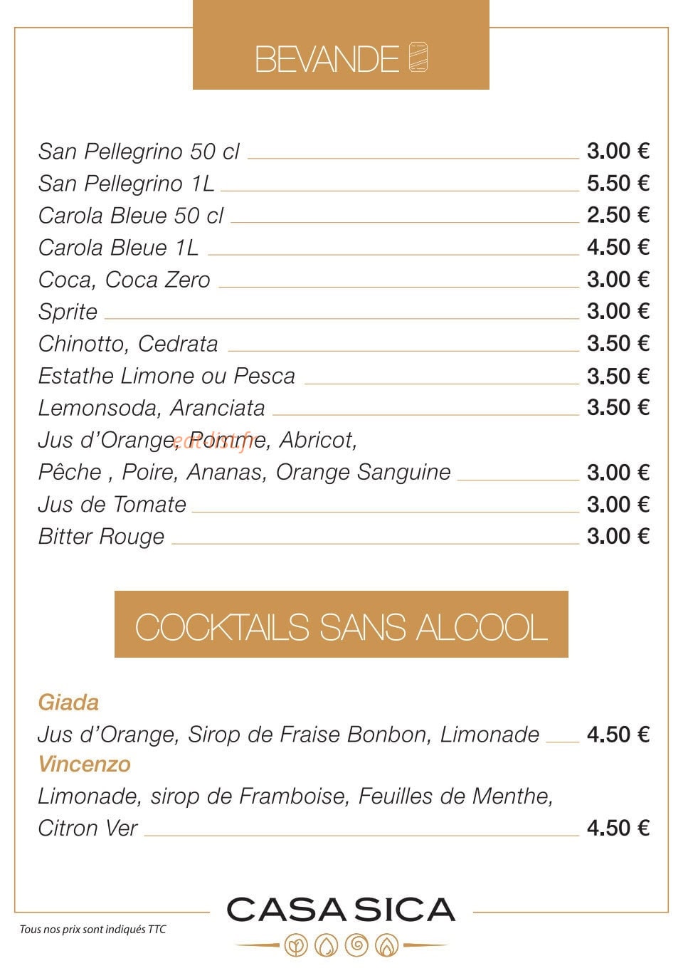 Carte et menu de Sica Les Spécialistes du Made in Italy à Mundolsheim — Les cocktails sans alcool et boissons