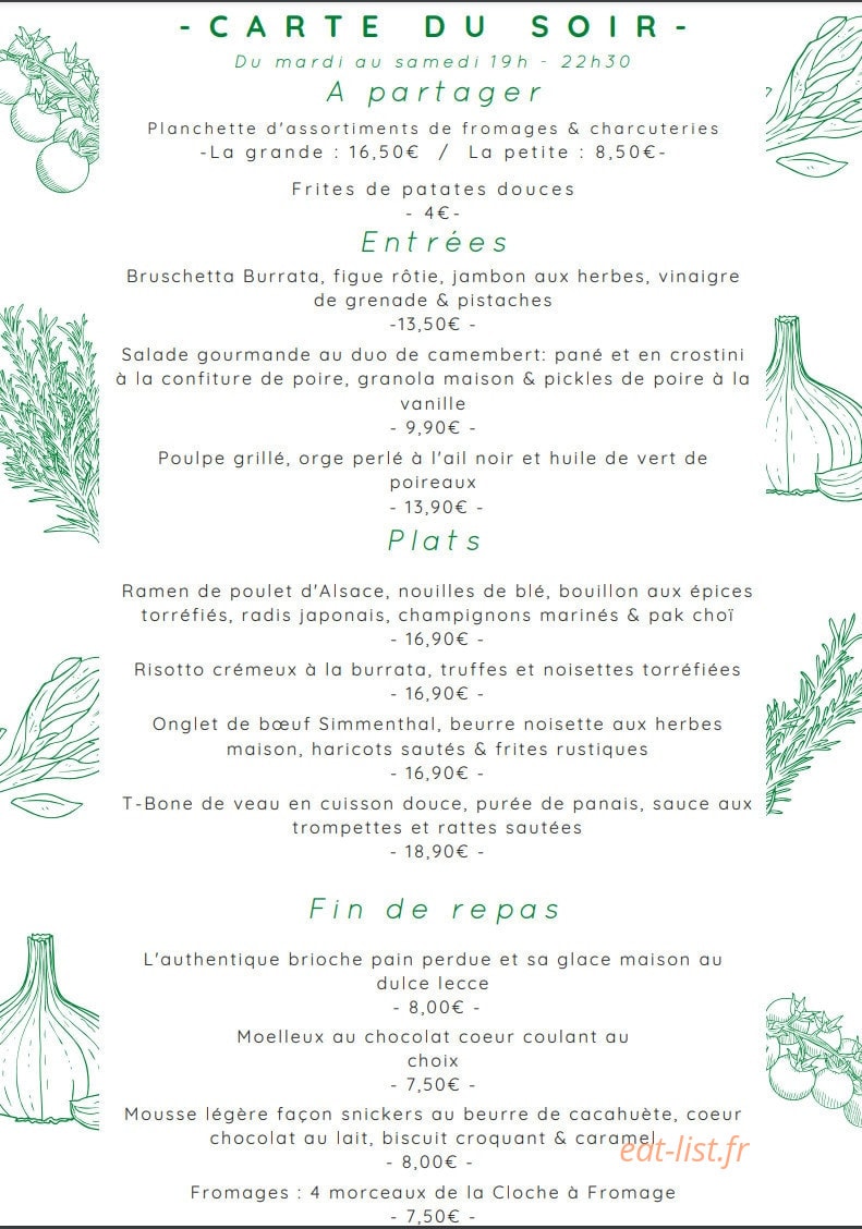 Carte et menu de L'Atelier des Sommelières à Haguenau — Carte du soir