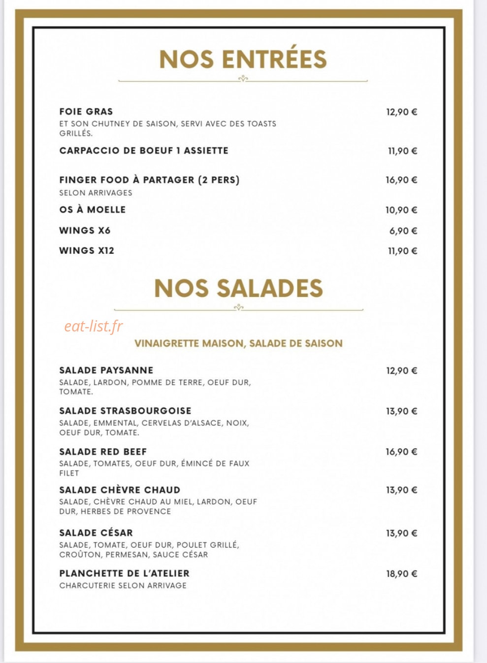 Carte et menu de L’ Atelier Steakhouse à Haguenau — Les entrées et salades