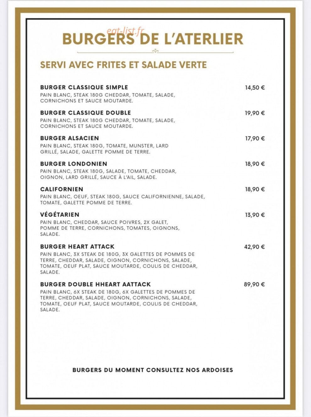 Carte et menu de L’ Atelier Steakhouse à Haguenau — Les burgers
