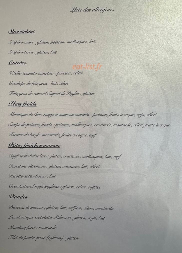 Carte et menu de Sapori Di Puglia à Haguenau — Les entrées, plats et viandes, ...