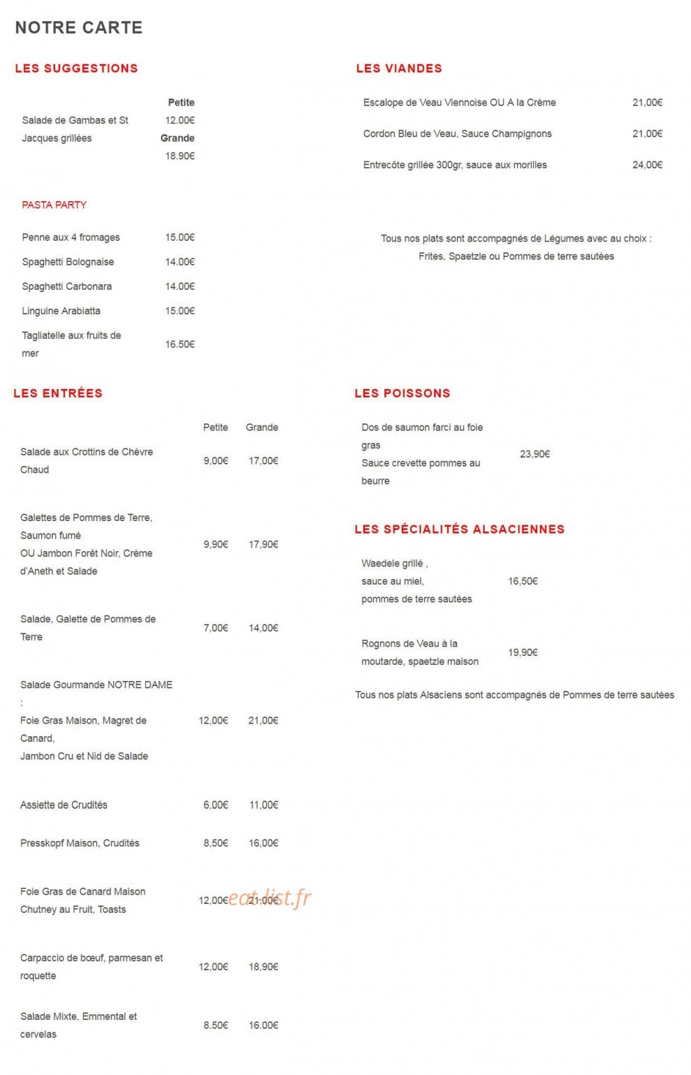 Restaurant Notre Dame — carte page 1