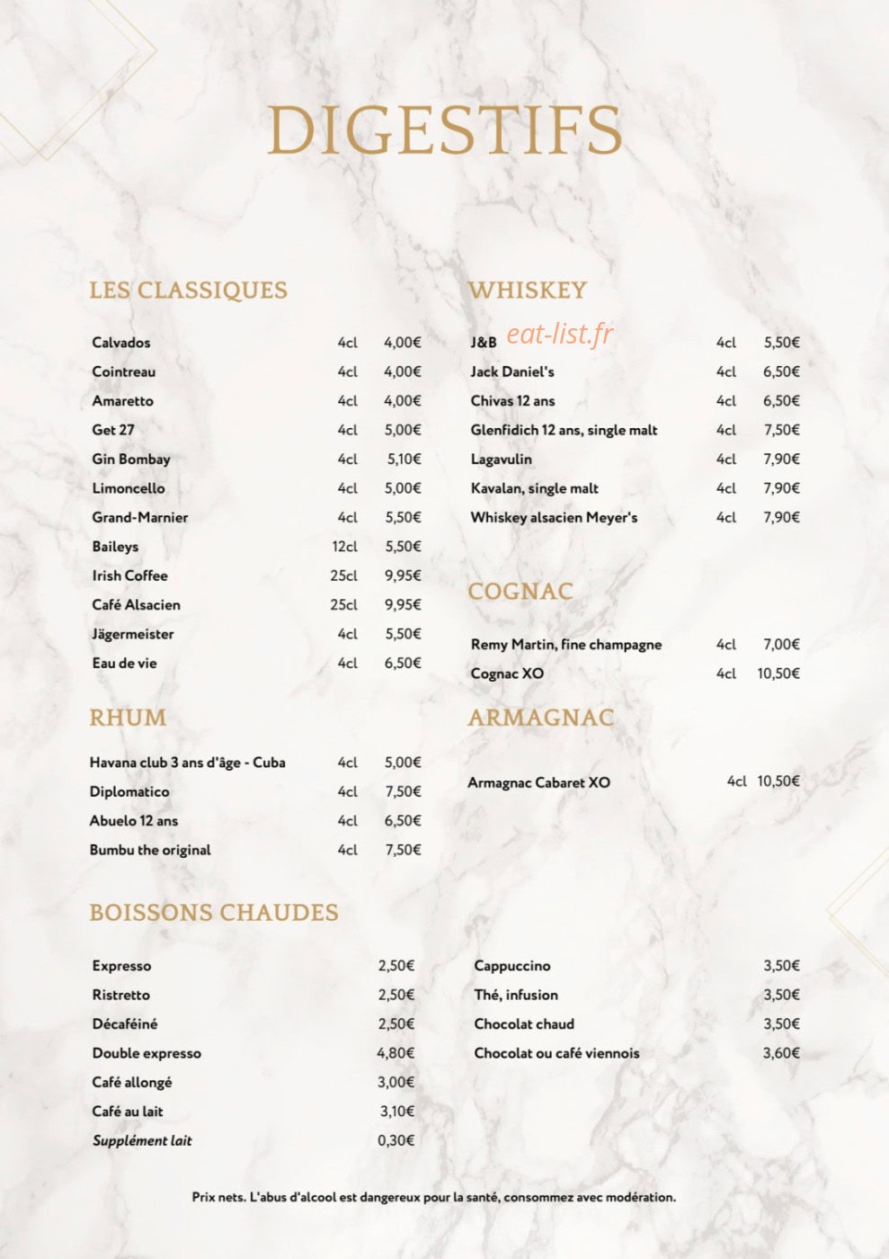 Carte et menu de Le Marlex à Marlenheim — Digestifs