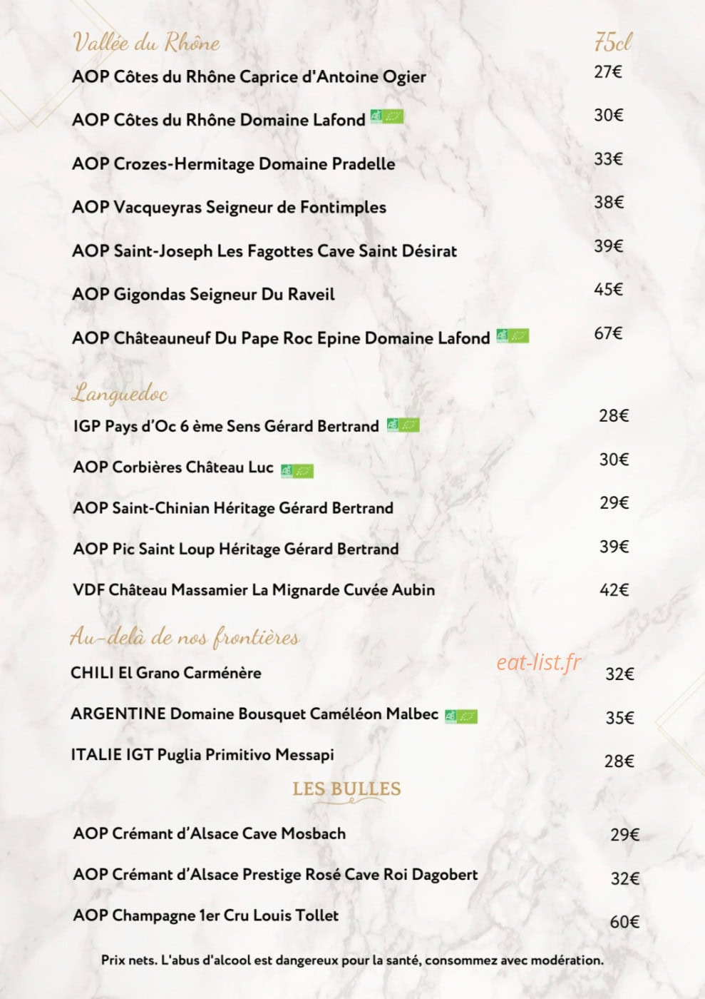 Carte et menu de Le Marlex à Marlenheim — Vins rouges, bulles