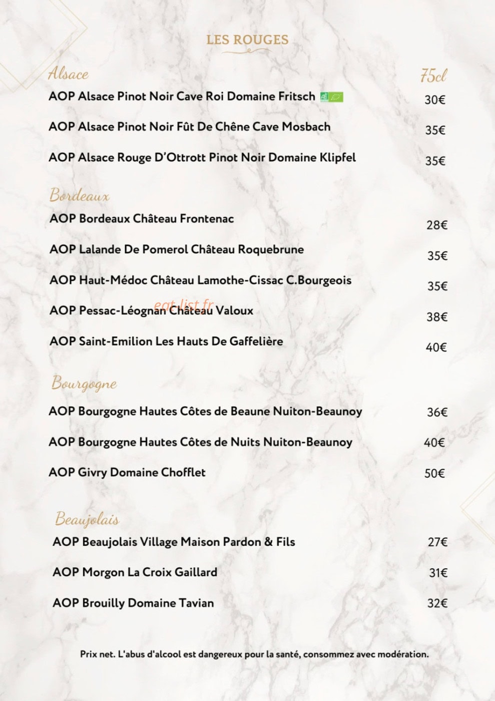 Carte et menu de Le Marlex à Marlenheim — Rouges