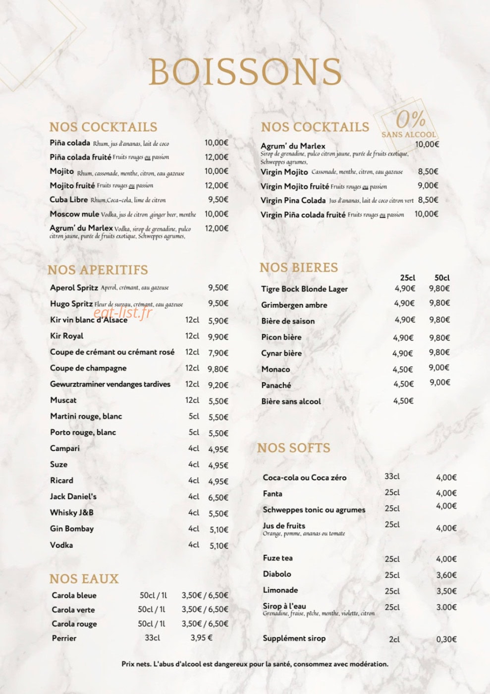 Carte et menu de Le Marlex à Marlenheim — Boissons