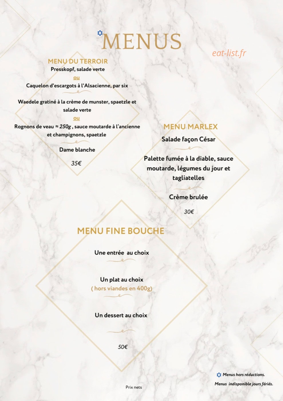 Carte et menu de Le Marlex à Marlenheim — Menus