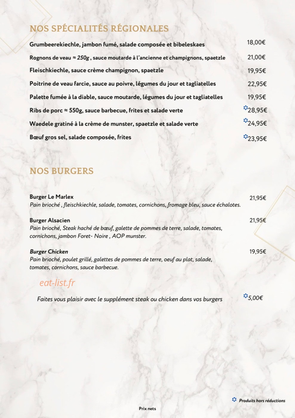 Carte et menu de Le Marlex à Marlenheim — Spécialités régionales, burgers
