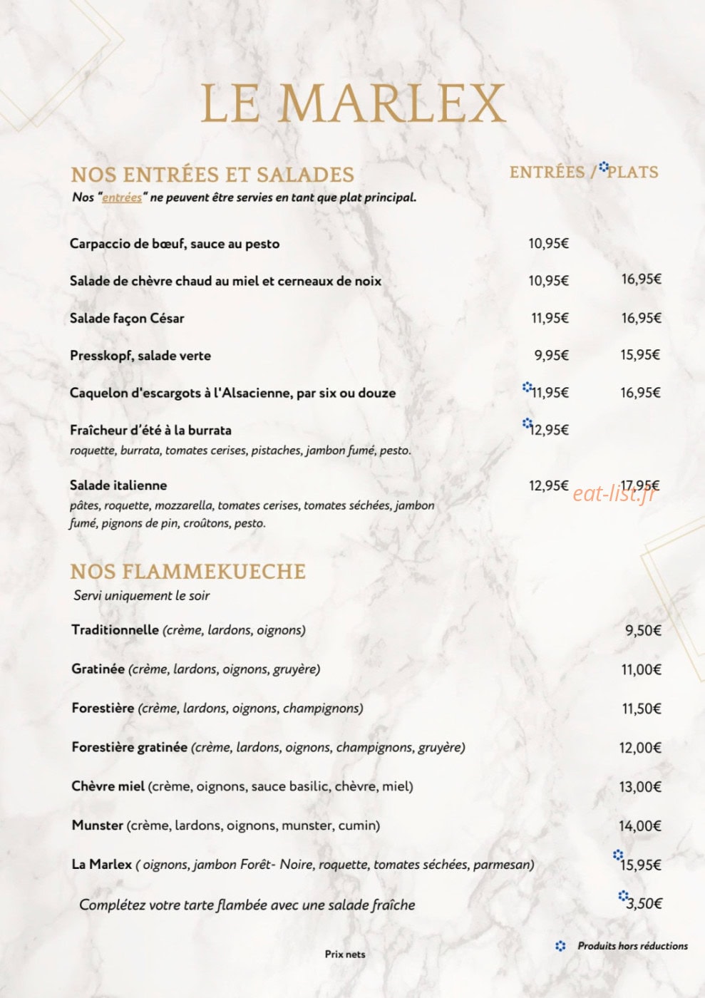 Carte et menu de Le Marlex à Marlenheim — Entrées et salades...