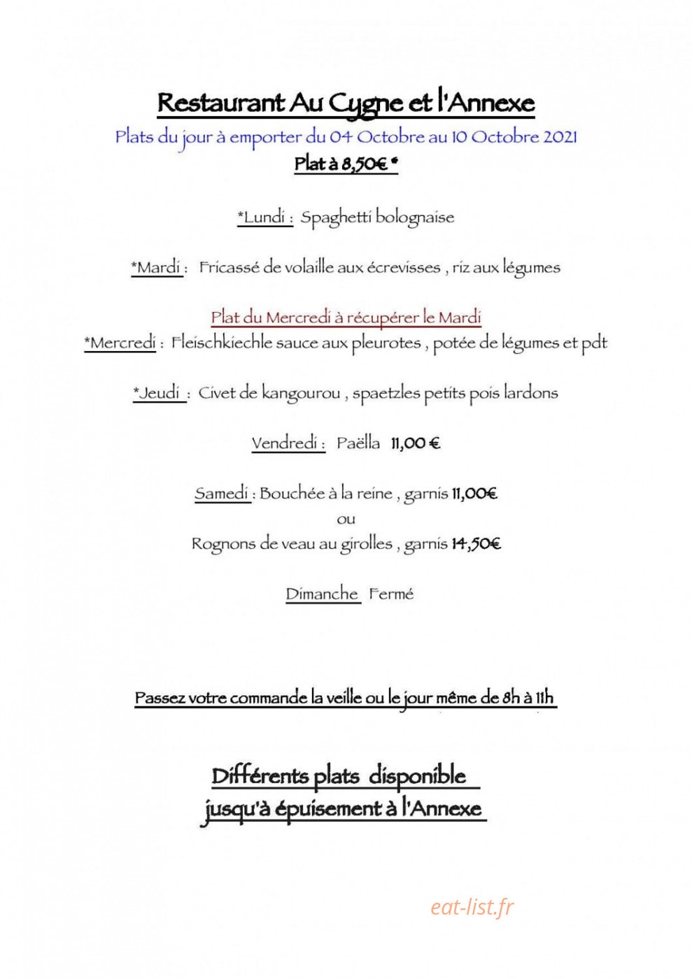 Restaurant du Cygne — carte page 1