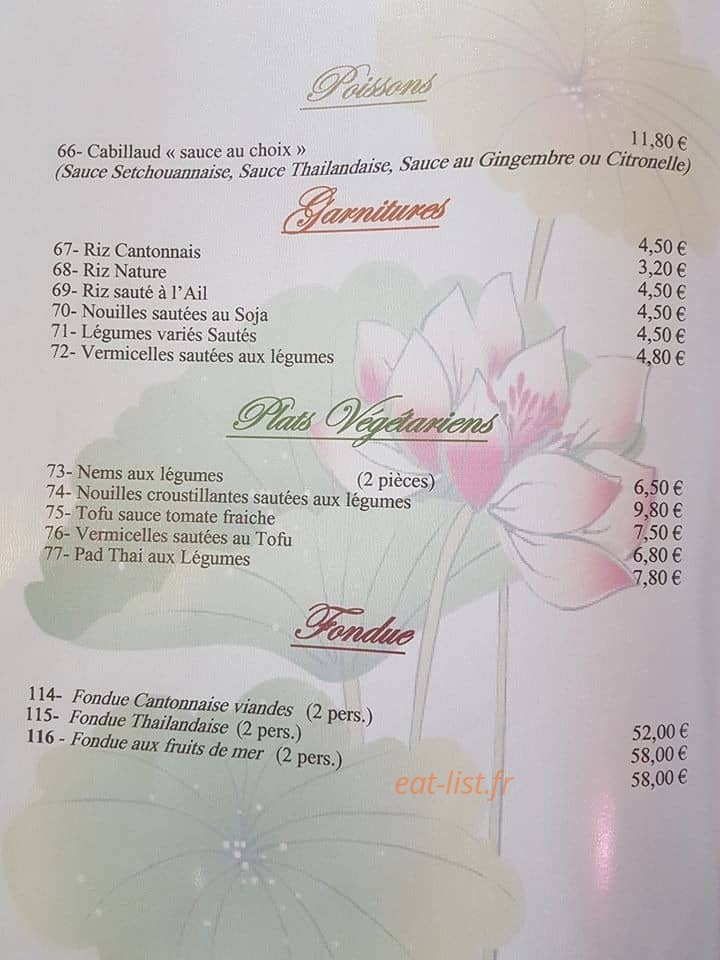 Carte et menu de La Villa de Jade à Schweighouse sur Moder — les poissons, garnitures et plats végétariens,..,
