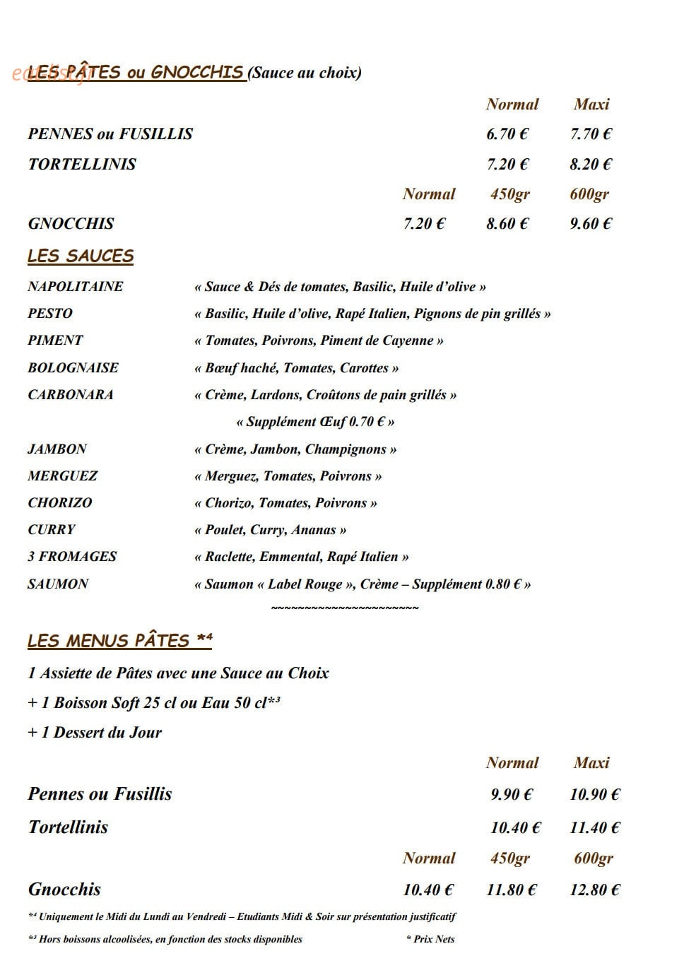 La Cave à Pâtes — carte page 3