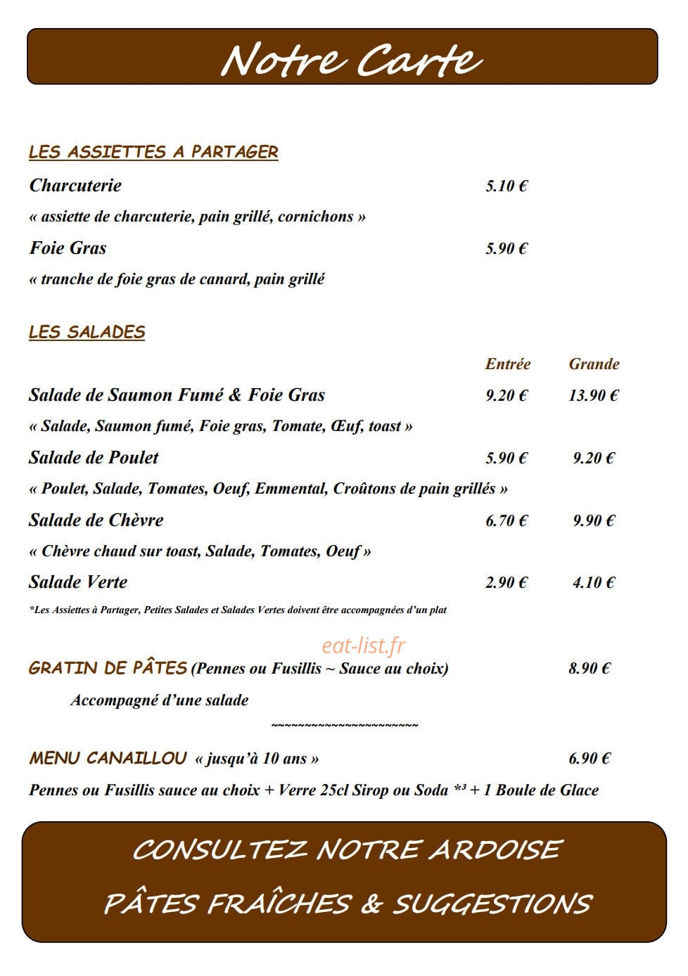 La Cave à Pâtes — carte page 1