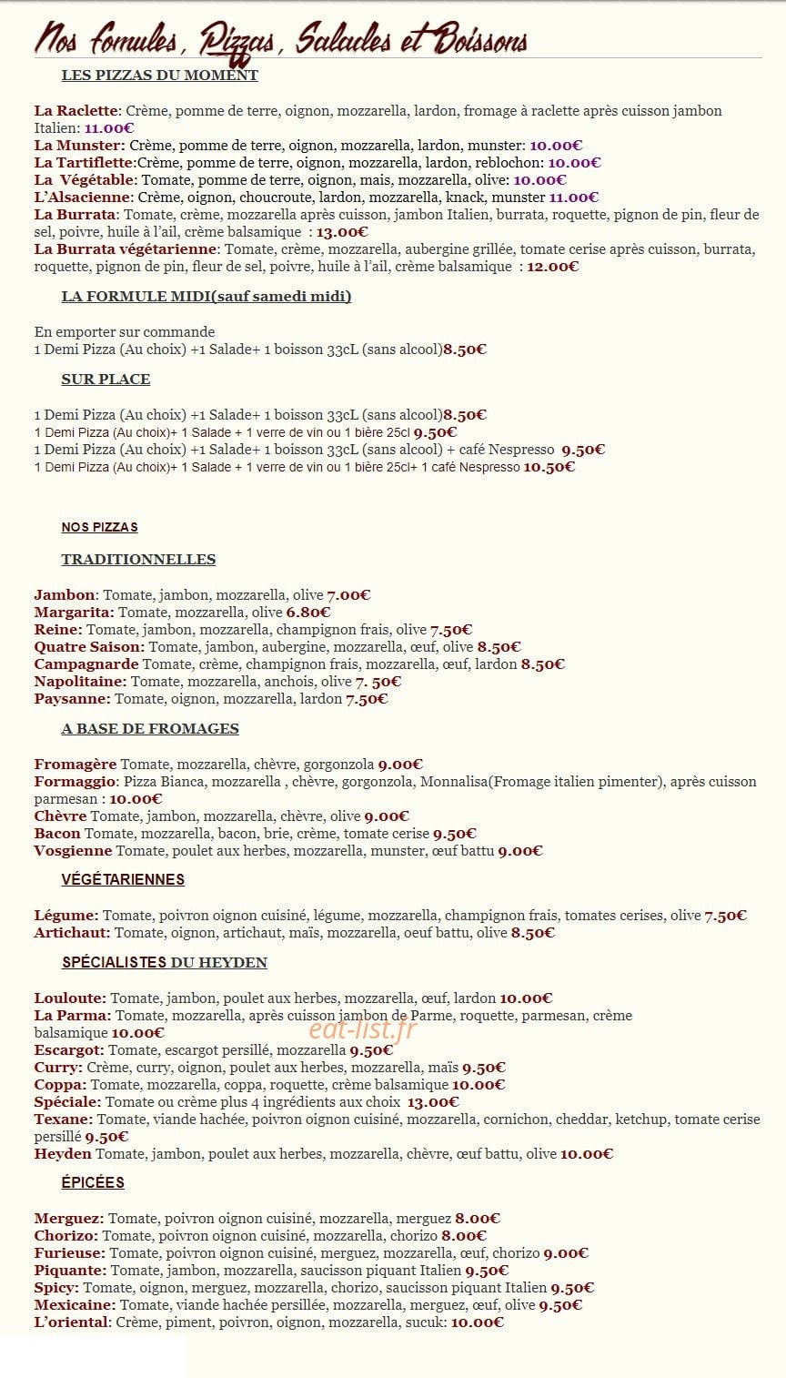 Les Pizzas du Heyden — carte page 1