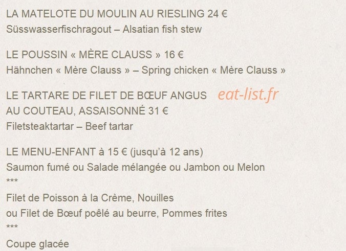 Carte et menu de Moulin de La Wantzenau à La Wantzenau — Le menu enfant, tartare, coupe glacé