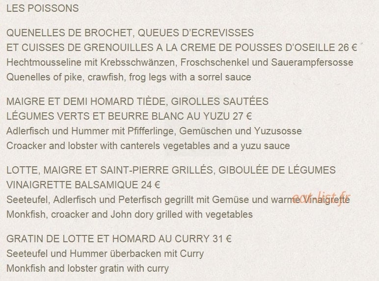 Carte et menu de Moulin de La Wantzenau à La Wantzenau — Les poissons