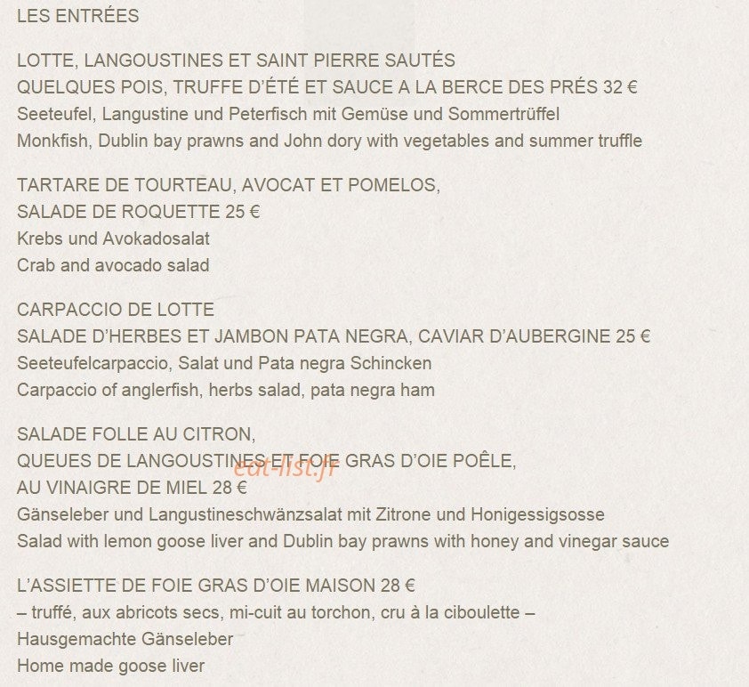 Carte et menu de Moulin de La Wantzenau à La Wantzenau — Les entreés