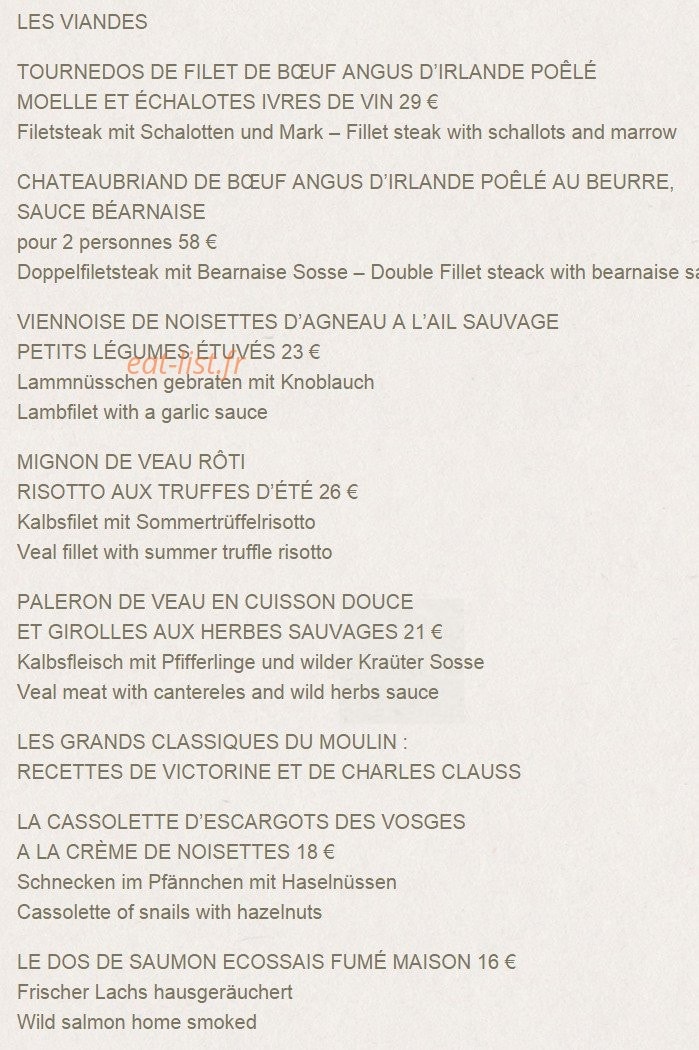 Carte et menu de Moulin de La Wantzenau à La Wantzenau — Les viandes