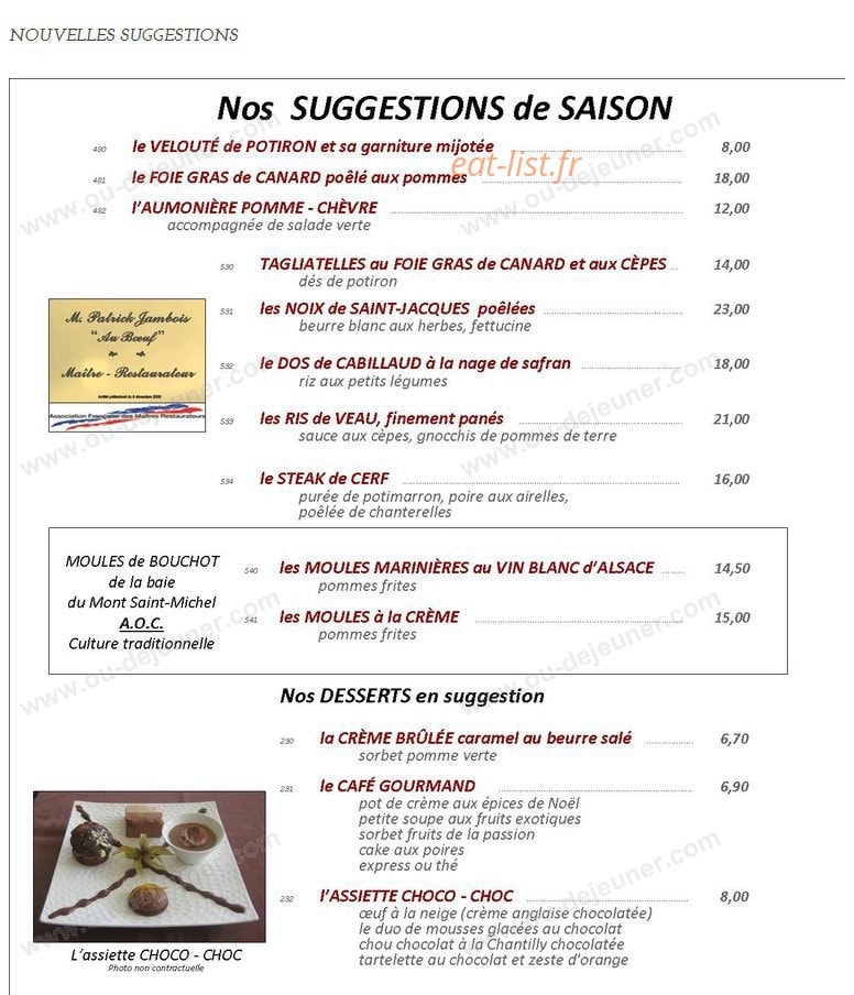 Restaurant Au Boeuf — carte page 1