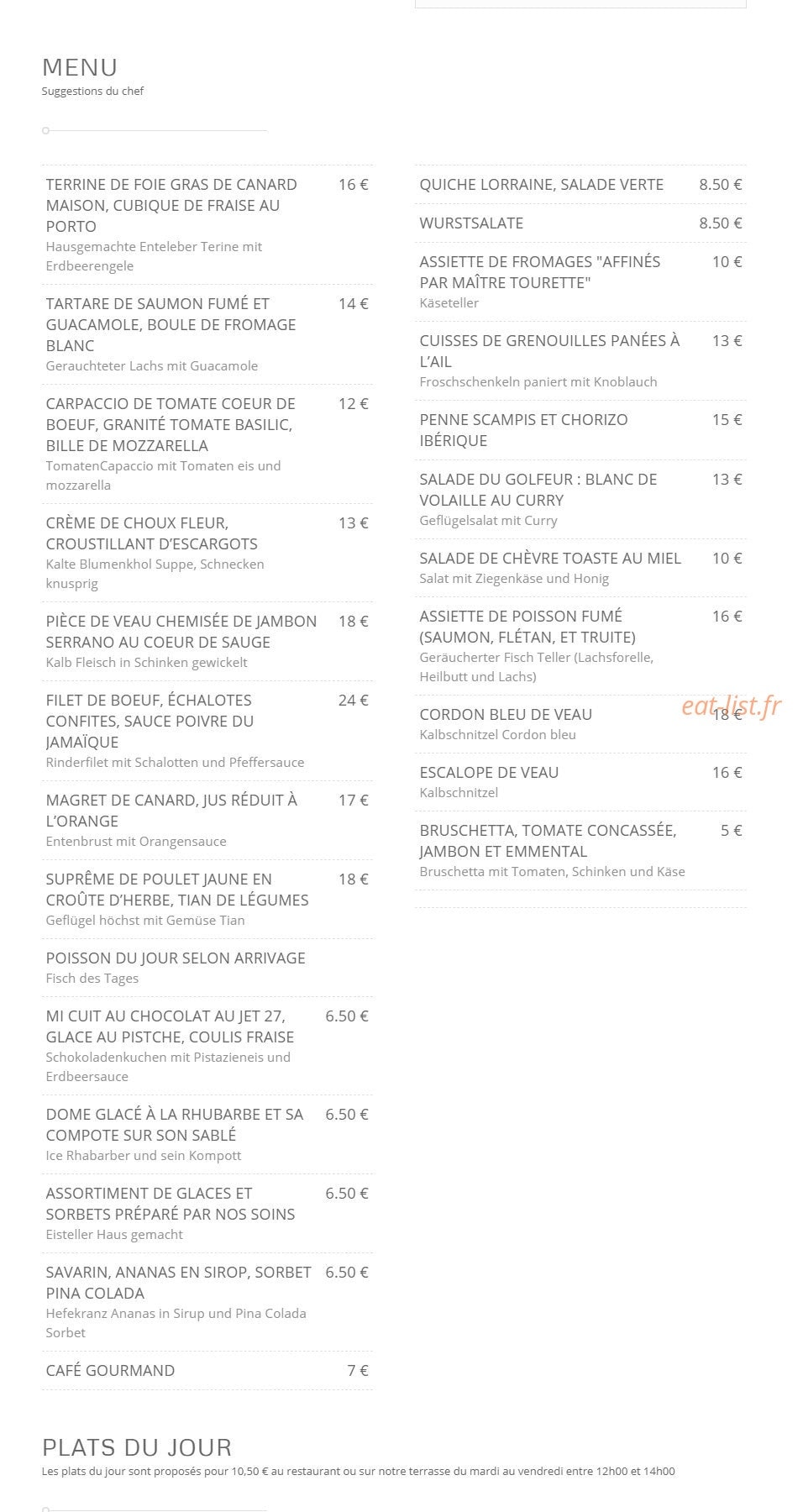 Restaurant du Golf — carte page 1