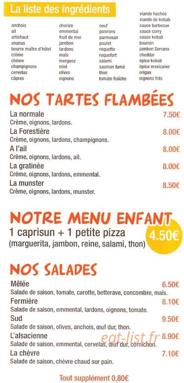 Carte et menu de La Marguerita à Lauterbourg — Les tartes, salades et menu enfant
