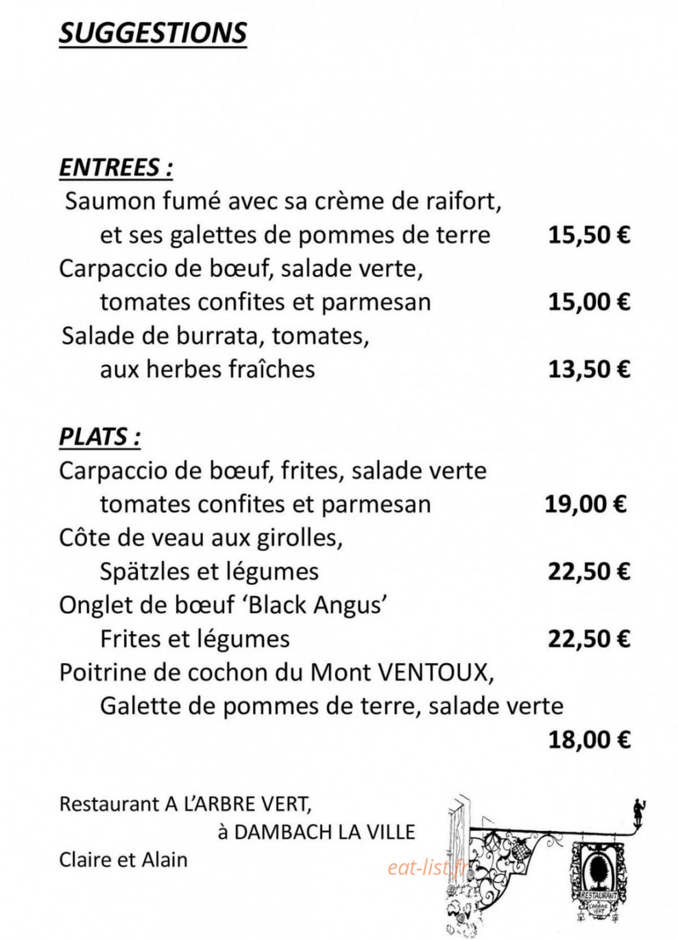 Restaurant à L'Arbre Vert — carte page 1