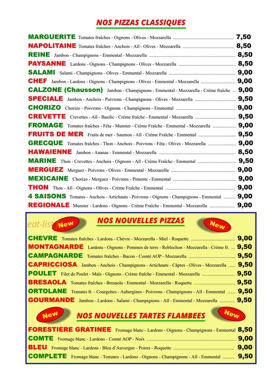 Pizzas Express — carte page 1