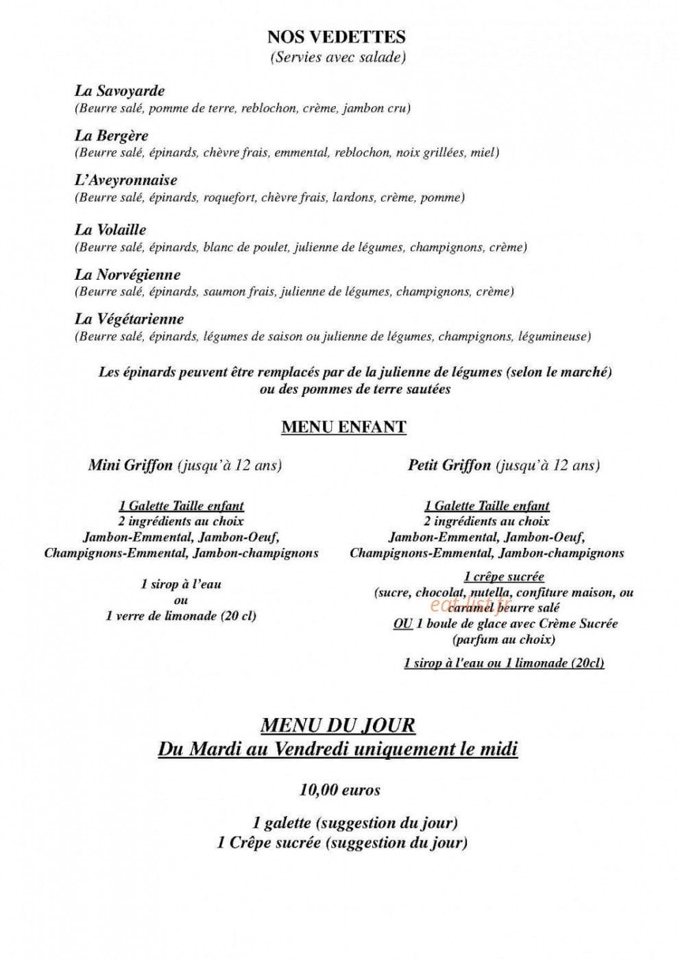 Crêperie du Griffon — carte page 1