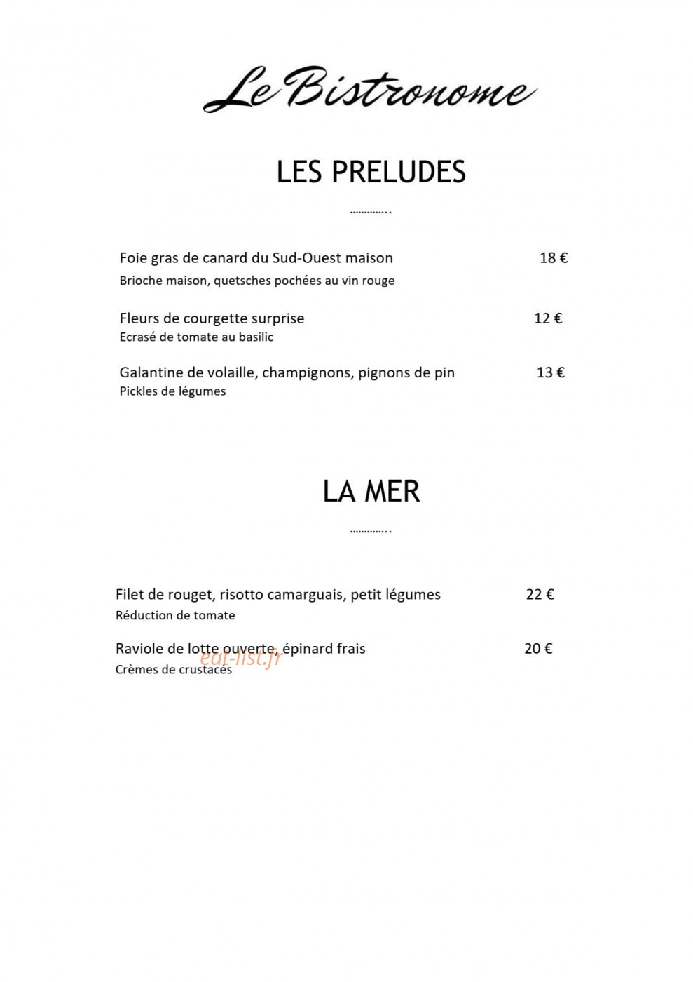 Le Bistronome — carte page 1