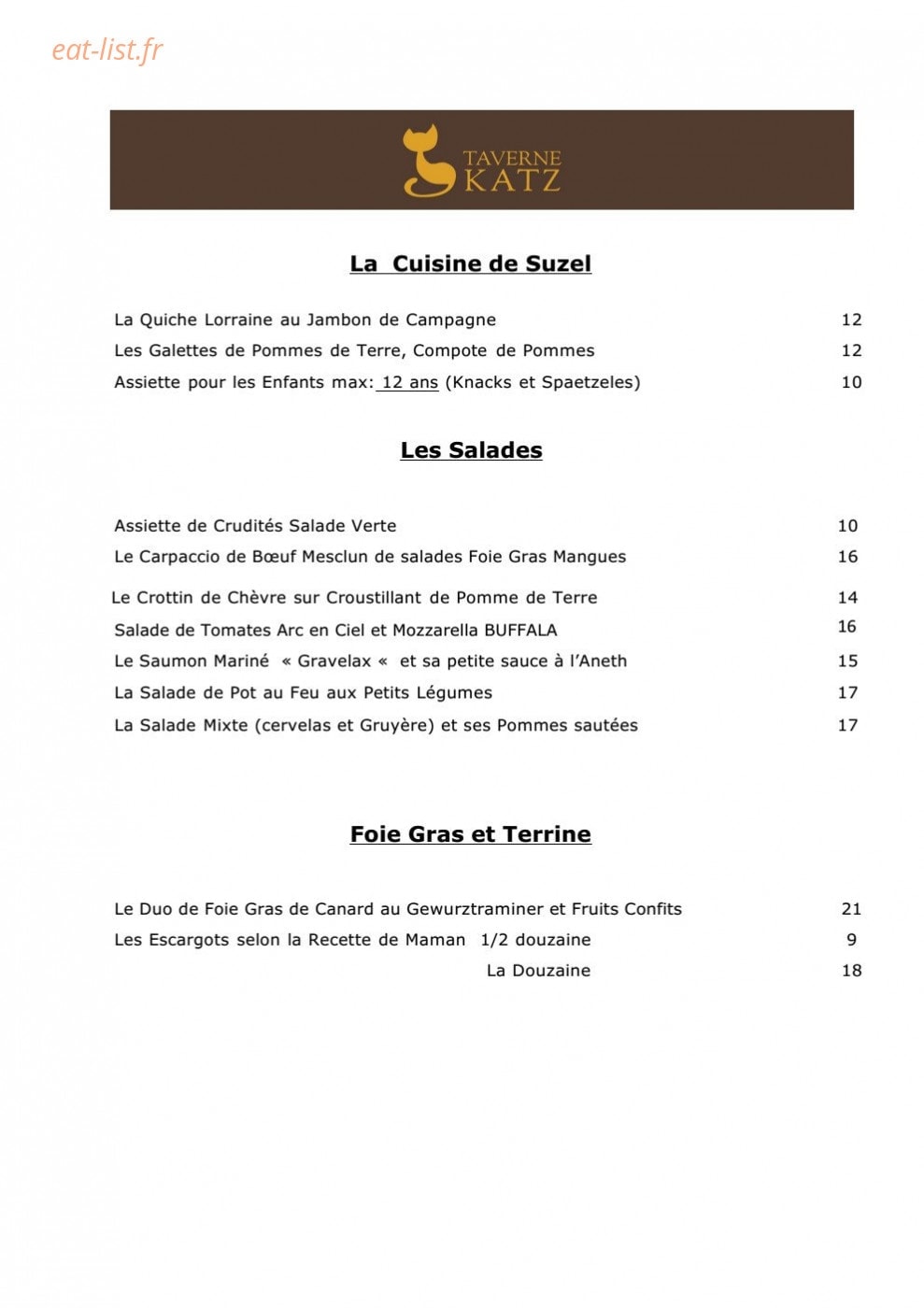 Taverne Katz — carte page 1